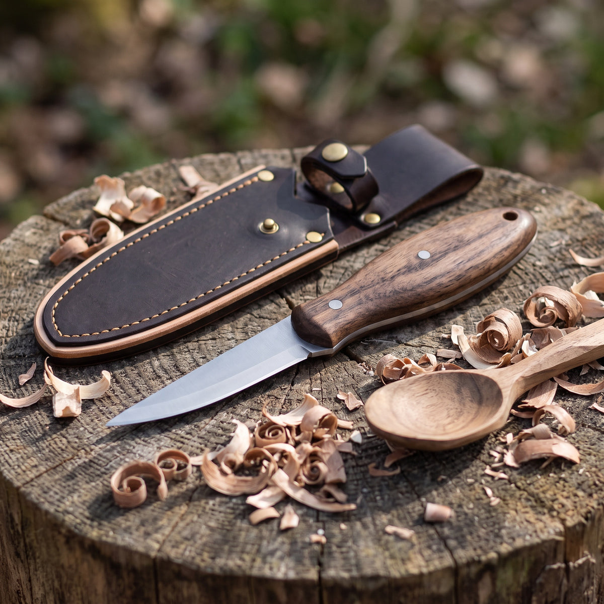 Timber 7" Carbon Steel Wood Carving Knife | Ash, with the Crownridge sheath in use