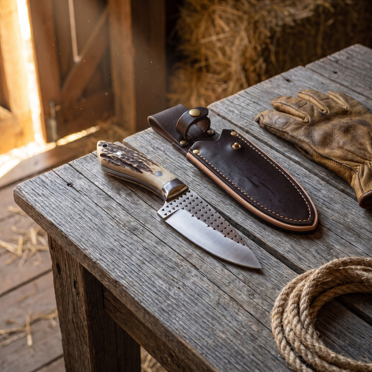 Ranch 7" Rasp Steel Cowboy Knife | Stag, with the Crownridge sheath in use