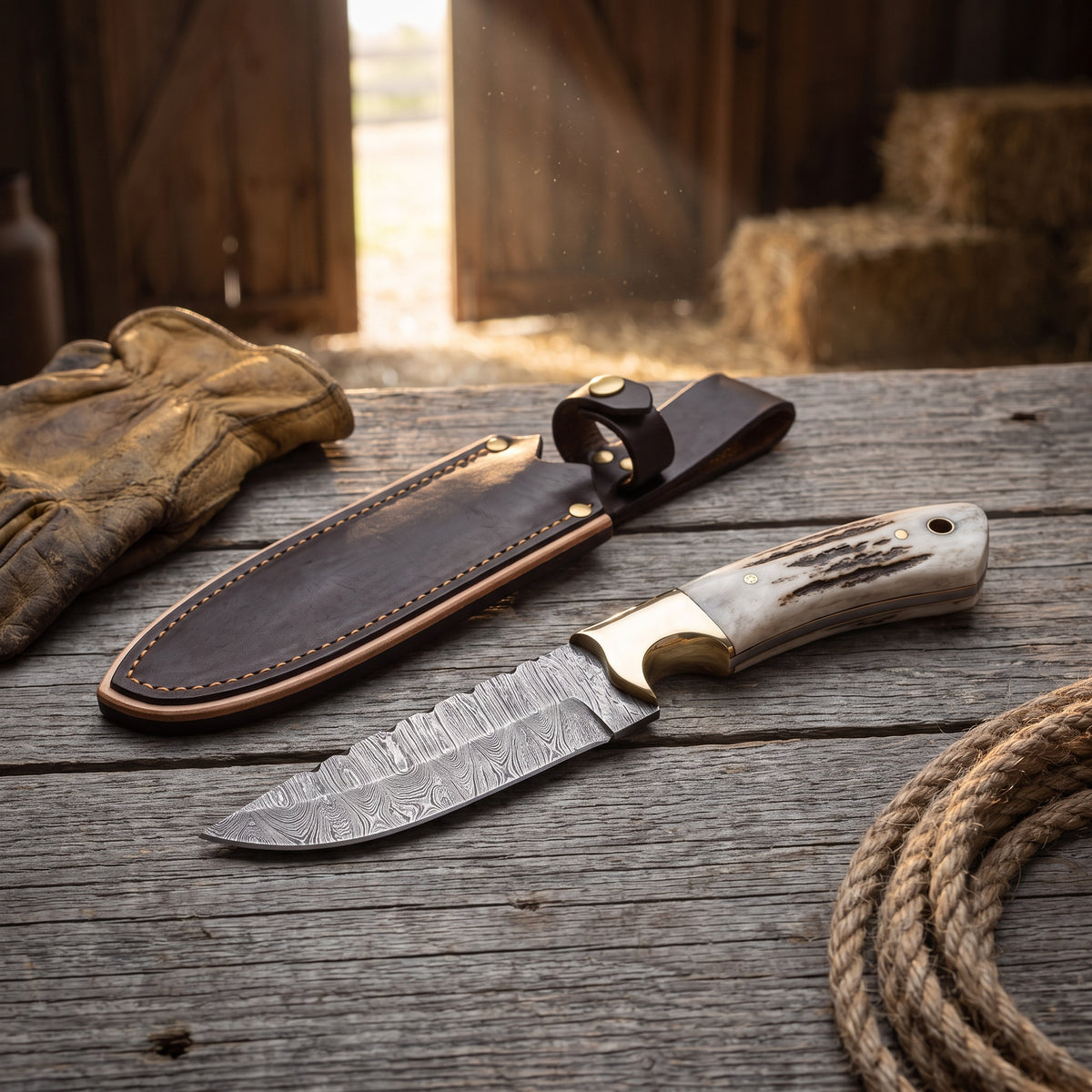 Ranch 8.5" Damascus Cowboy Knife | Stag, with the Crownridge sheath in use
