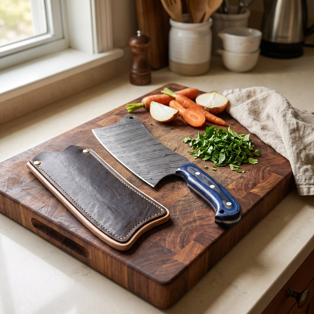 Hollow 10" Damascus Serbian Chef Knife | Blue Pakkawood, with the Crownridge blade guard in use