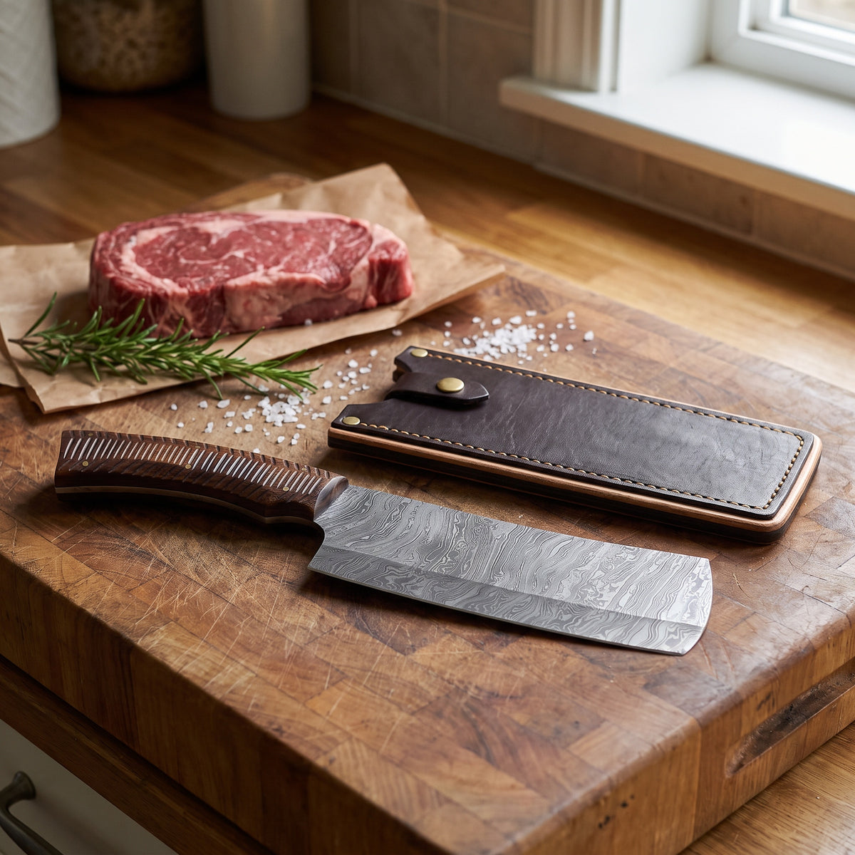 Hollow 10" Damascus Cleaver | Grooved Walnut, with the Crownridge sheath in use
