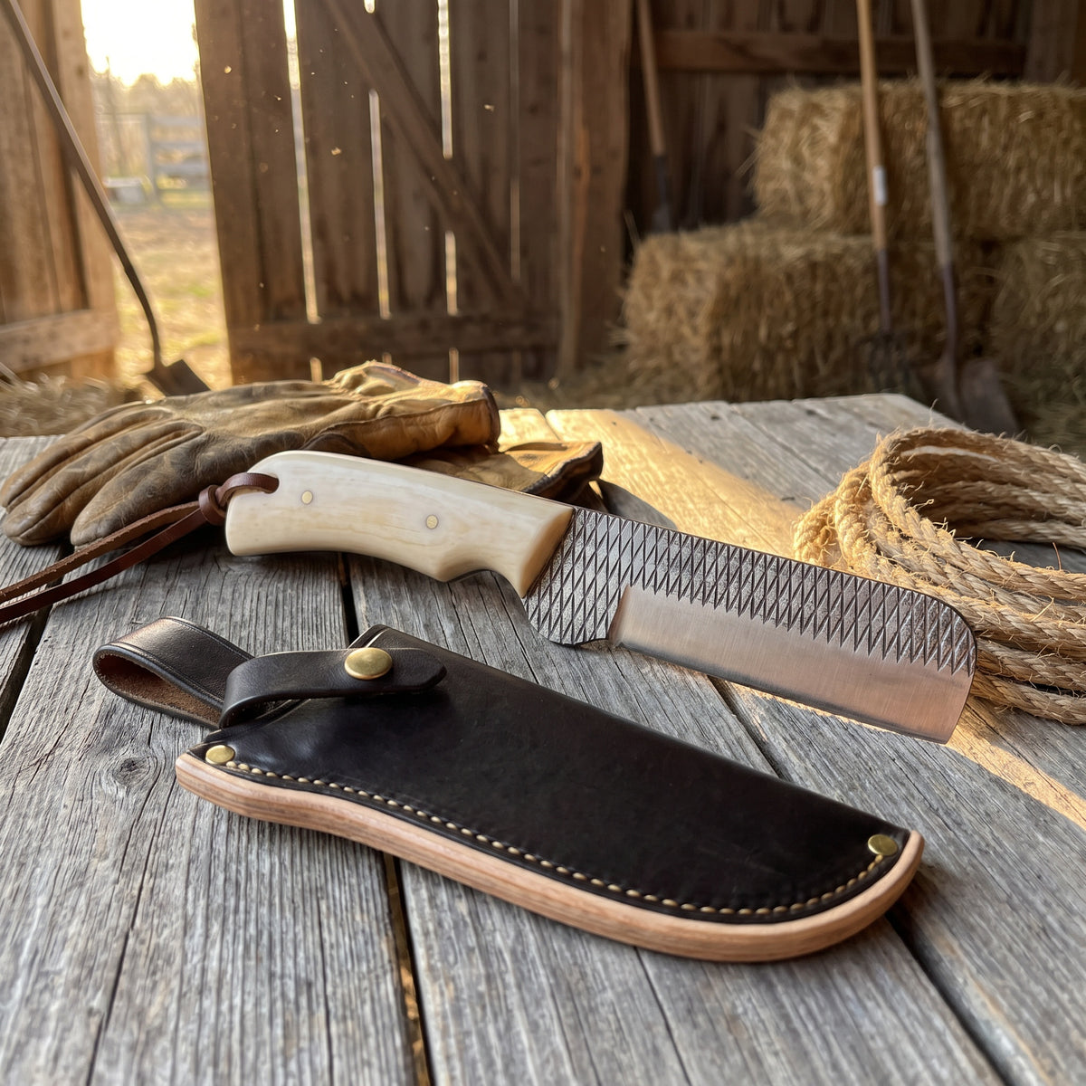 Ranch 7.5" Rasp Steel Bull Cutter | Camel Bone, with the Crownridge sheath in use
