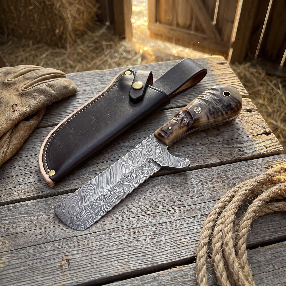 Ranch 8" Damascus Bull Cutter | Ram Horn, with the Crownridge sheath in use