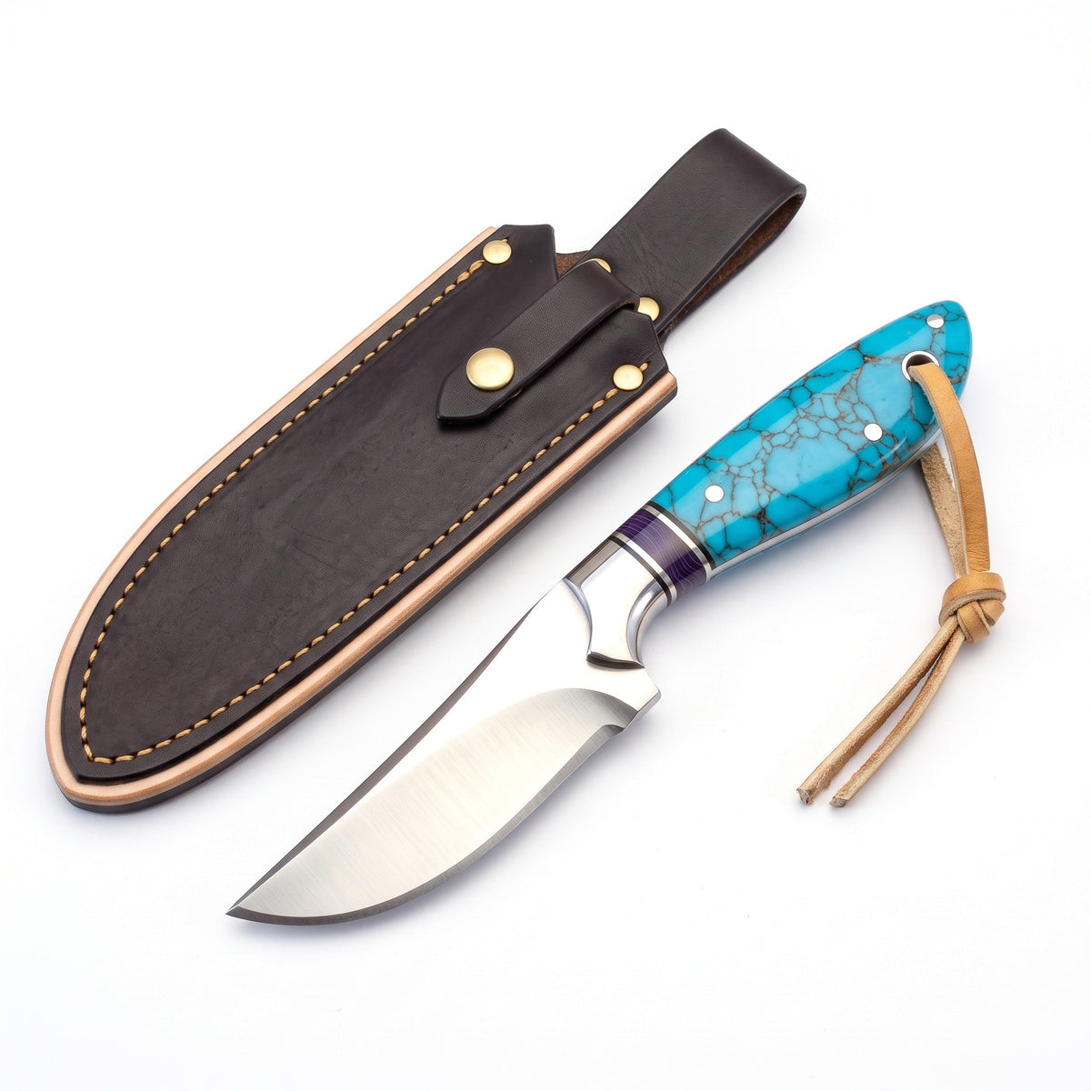Ranch 7.25" Carbon Steel Cowboy Knife | Turquoise, three-quarter view with the Crownridge sheath