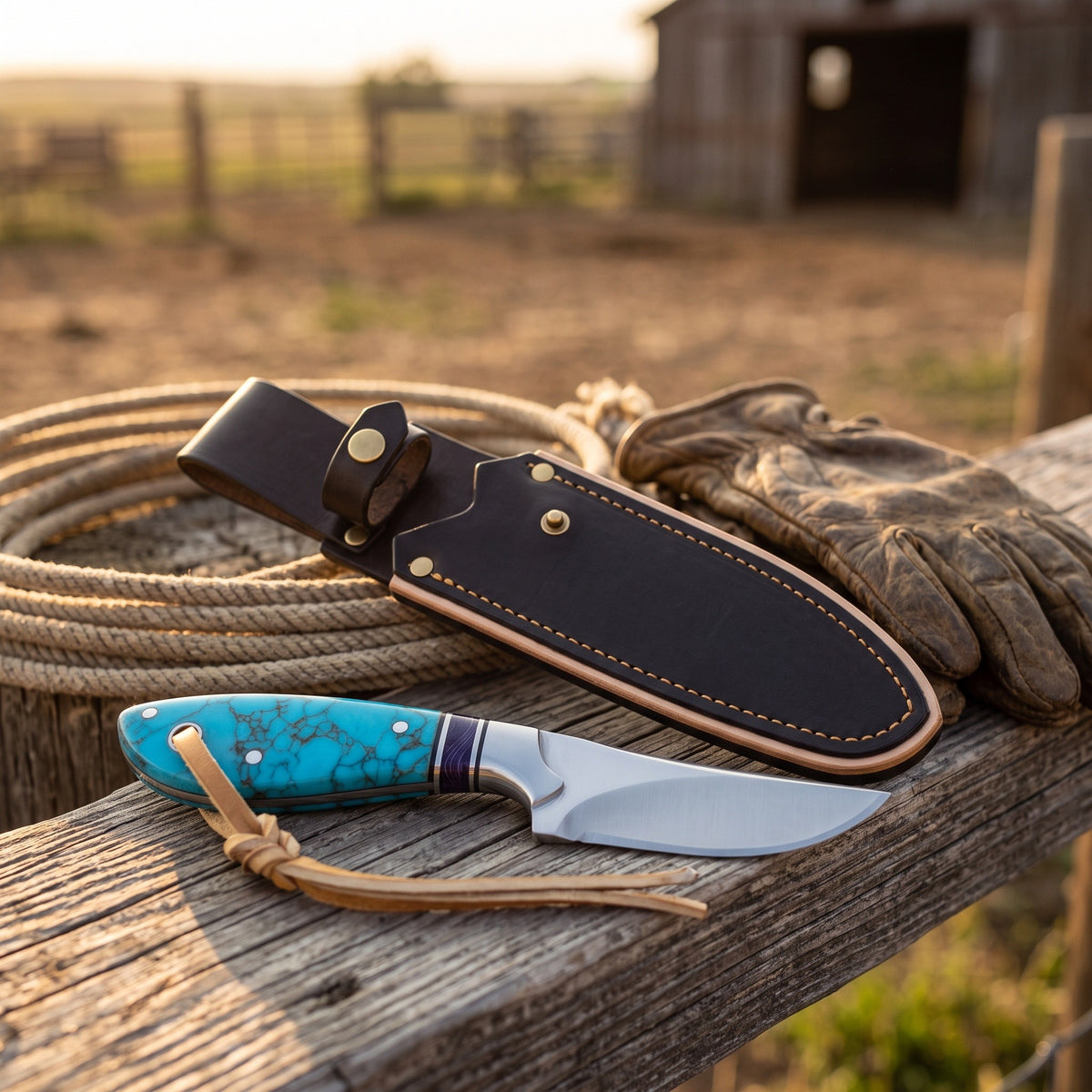 Ranch 7.25" Carbon Steel Cowboy Knife | Turquoise, with the Crownridge sheath in use