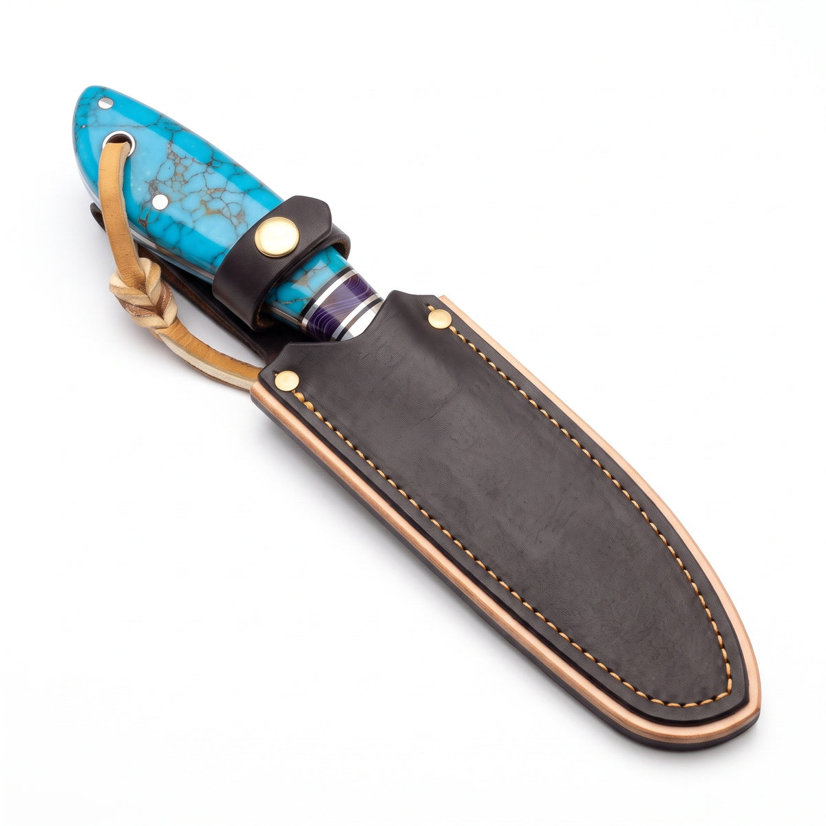 Ranch 7.25" Carbon Steel Cowboy Knife | Turquoise, seated in the Crownridge sheath