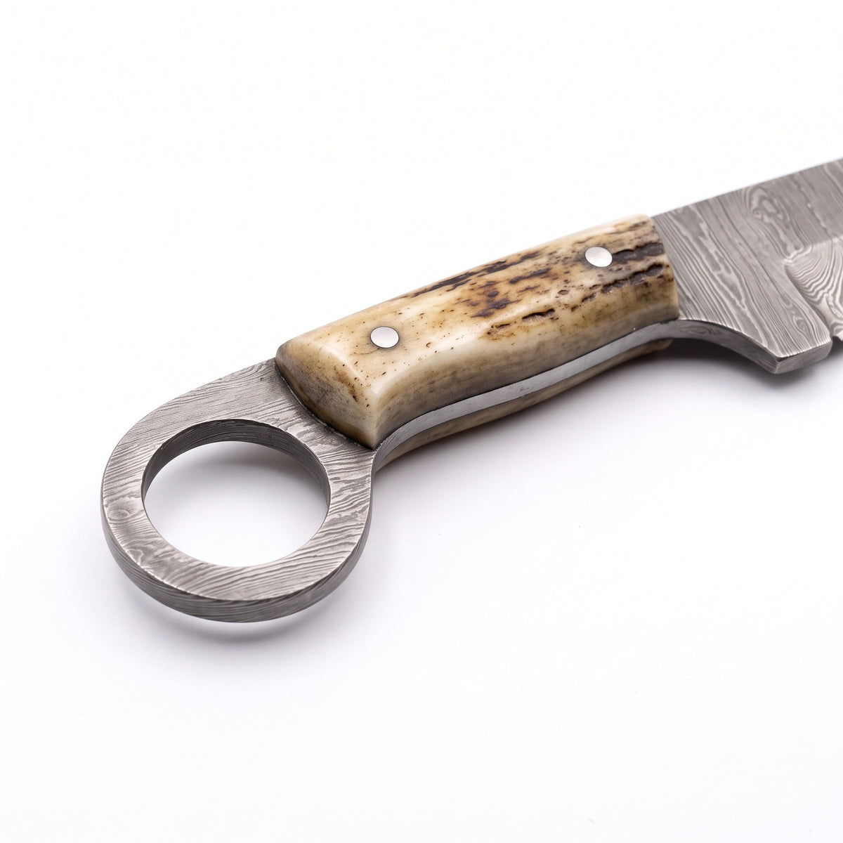 Ranch 10.5" Damascus Bull Cutter | Hardwood, handle and fittings close-up