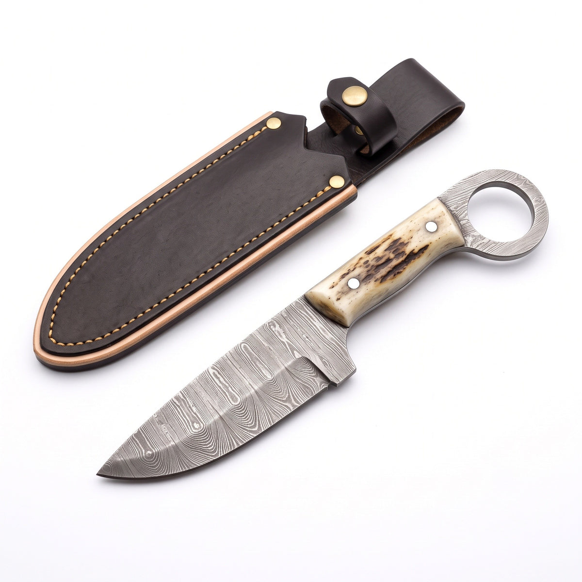 Ranch 10.5" Damascus Bull Cutter | Hardwood, three-quarter view with the Crownridge sheath