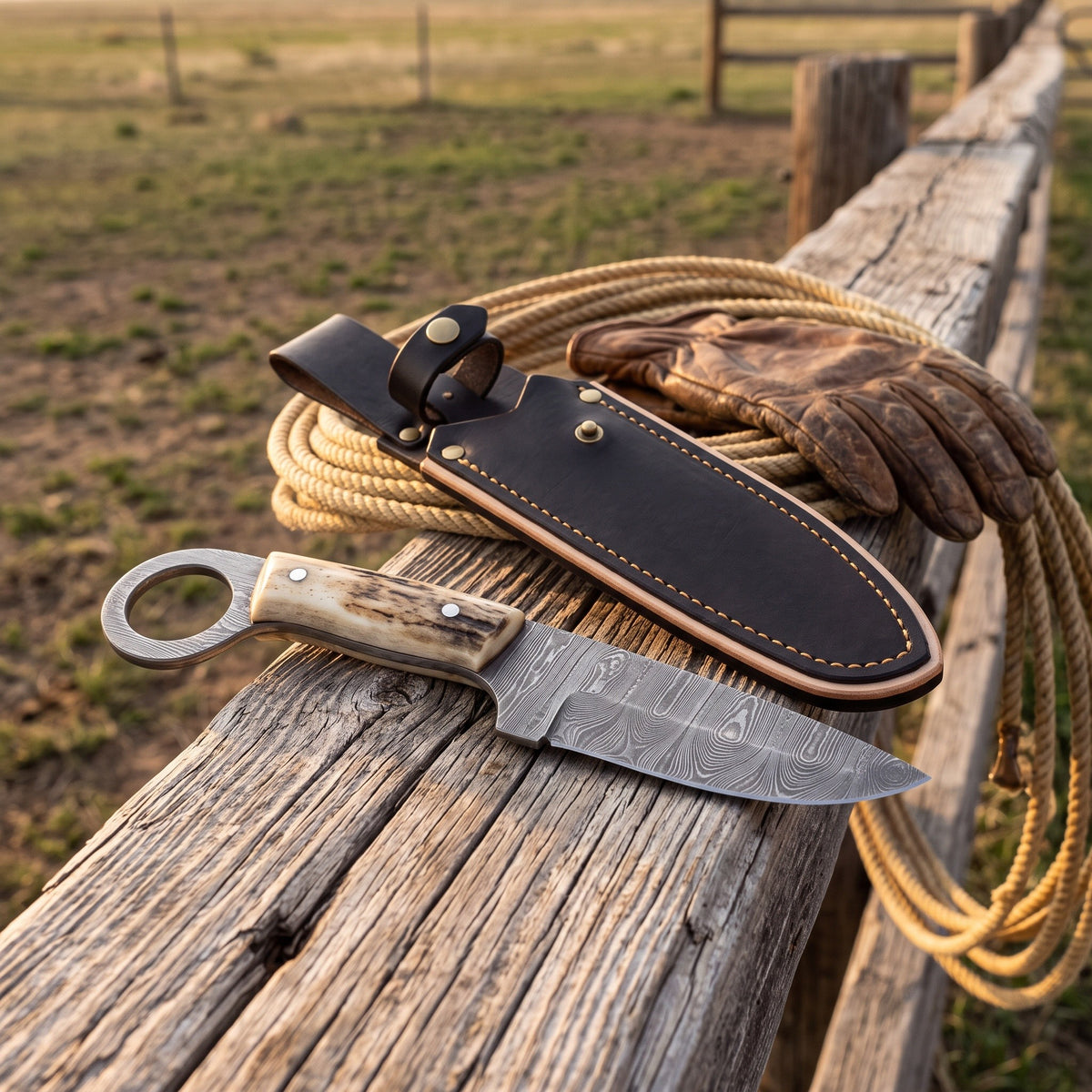 Ranch 10.5" Damascus Bull Cutter | Hardwood, with the Crownridge sheath in use