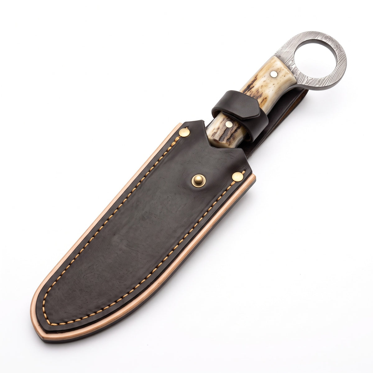 Ranch 10.5" Damascus Bull Cutter | Hardwood, seated in the Crownridge sheath