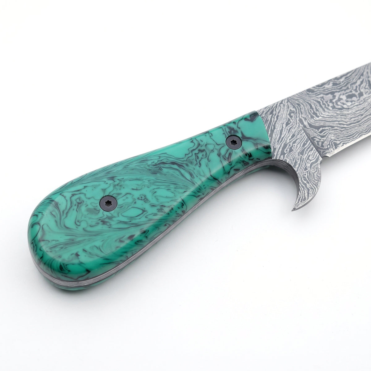 Ranch Damascus Bull Cutter Pair | Turquoise, handle and fittings close-up