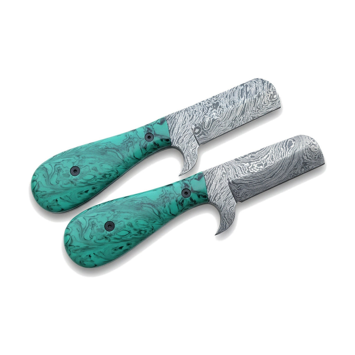 Ranch Damascus Bull Cutter Pair | Turquoise, side profile on white
