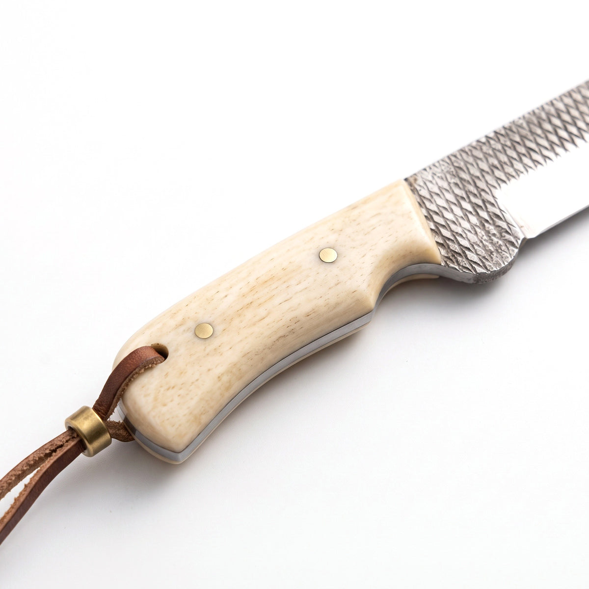 Ranch 7.5" Rasp Steel Bull Cutter | Camel Bone, handle and fittings close-up