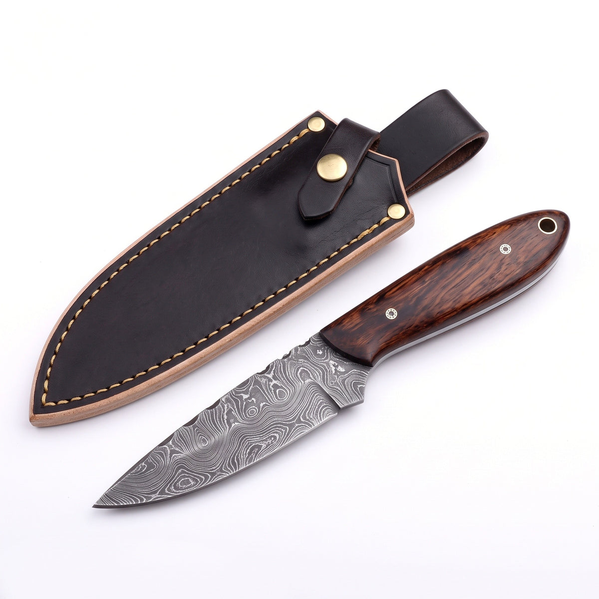 Ranch 6.2" Damascus Cowboy Knife | Rosewood, three-quarter view with the Crownridge sheath