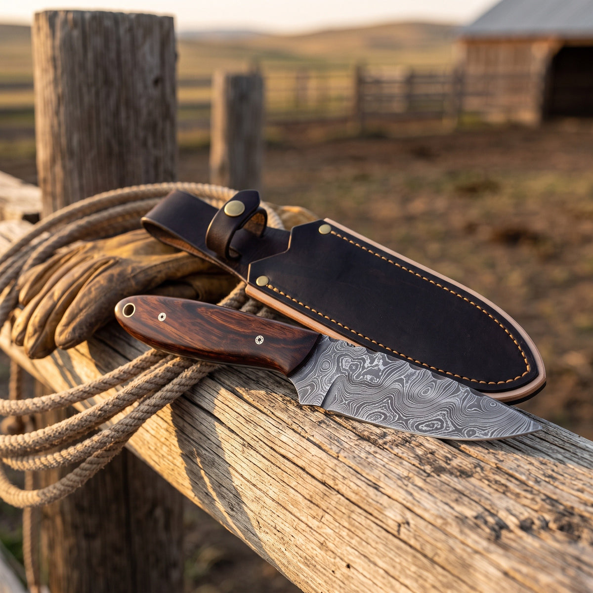 Ranch 6.2" Damascus Cowboy Knife | Rosewood, with the Crownridge sheath in use