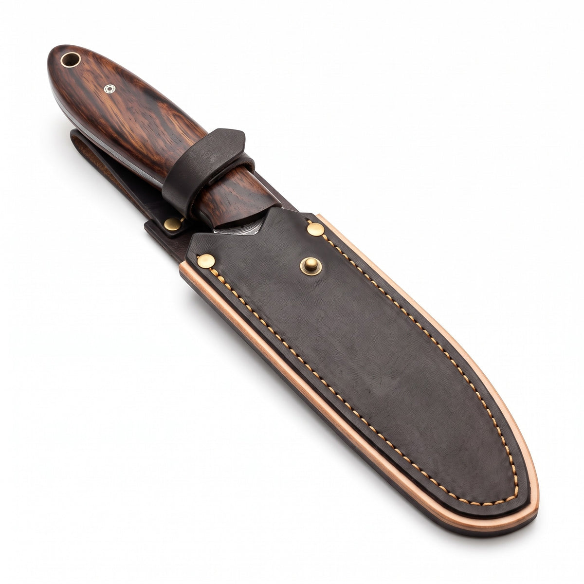 Ranch 6.2" Damascus Cowboy Knife | Rosewood, seated in the Crownridge sheath
