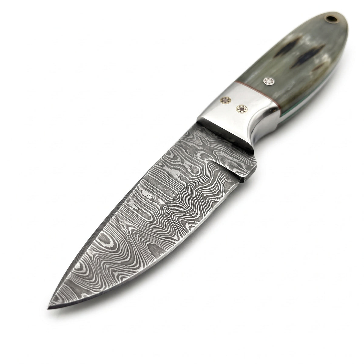 Ranch 6.25" Damascus Cowboy Knife | Sheep Horn, Damascus blade close-up