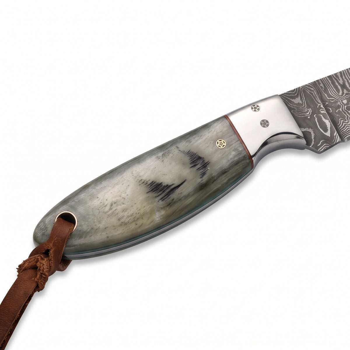 Ranch 6.25" Damascus Cowboy Knife | Sheep Horn, handle and fittings close-up