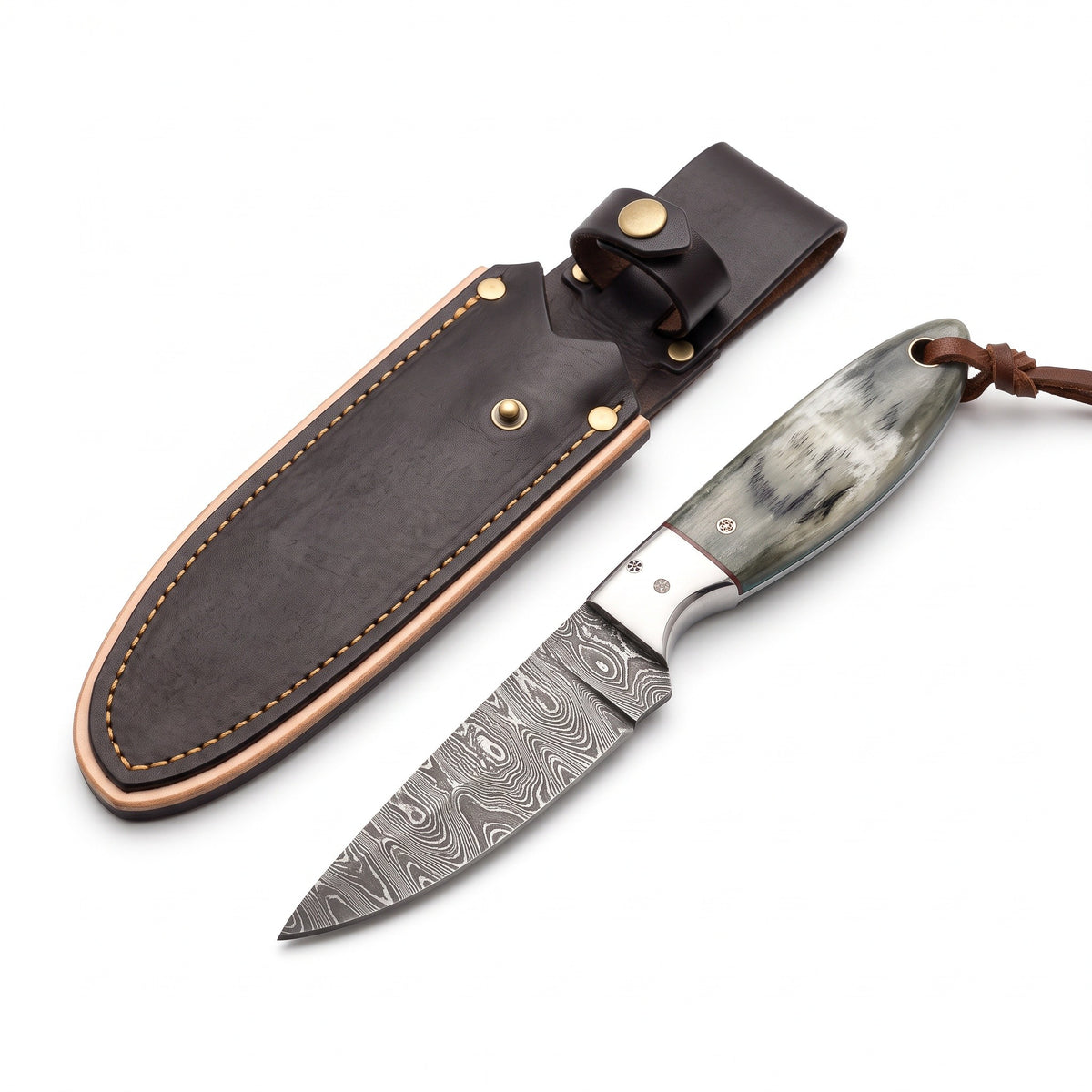 Ranch 6.25" Damascus Cowboy Knife | Sheep Horn, three-quarter view with the Crownridge sheath