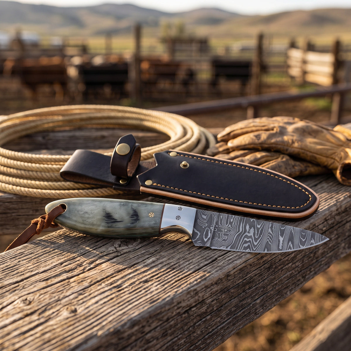 Ranch 6.25" Damascus Cowboy Knife | Sheep Horn, with the Crownridge sheath in use