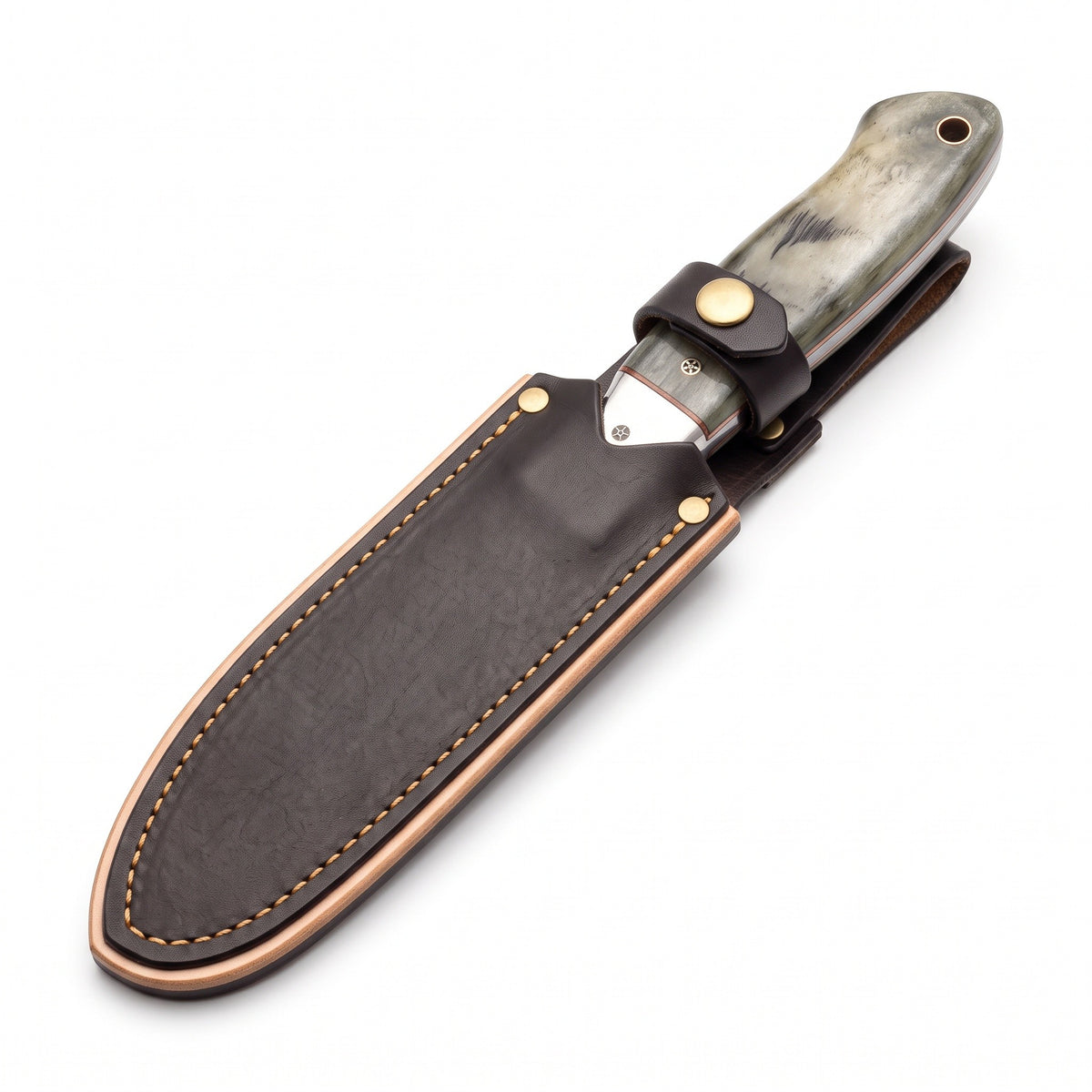 Ranch 6.25" Damascus Cowboy Knife | Sheep Horn, seated in the Crownridge sheath