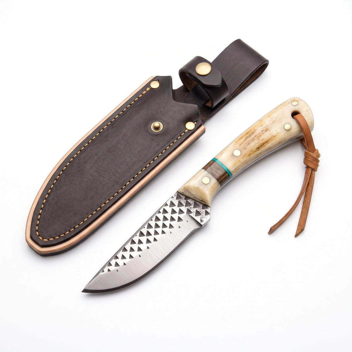 Ranch 6" Rasp Steel Bull Cutter | Bone & Turquoise, three-quarter view with the Crownridge sheath