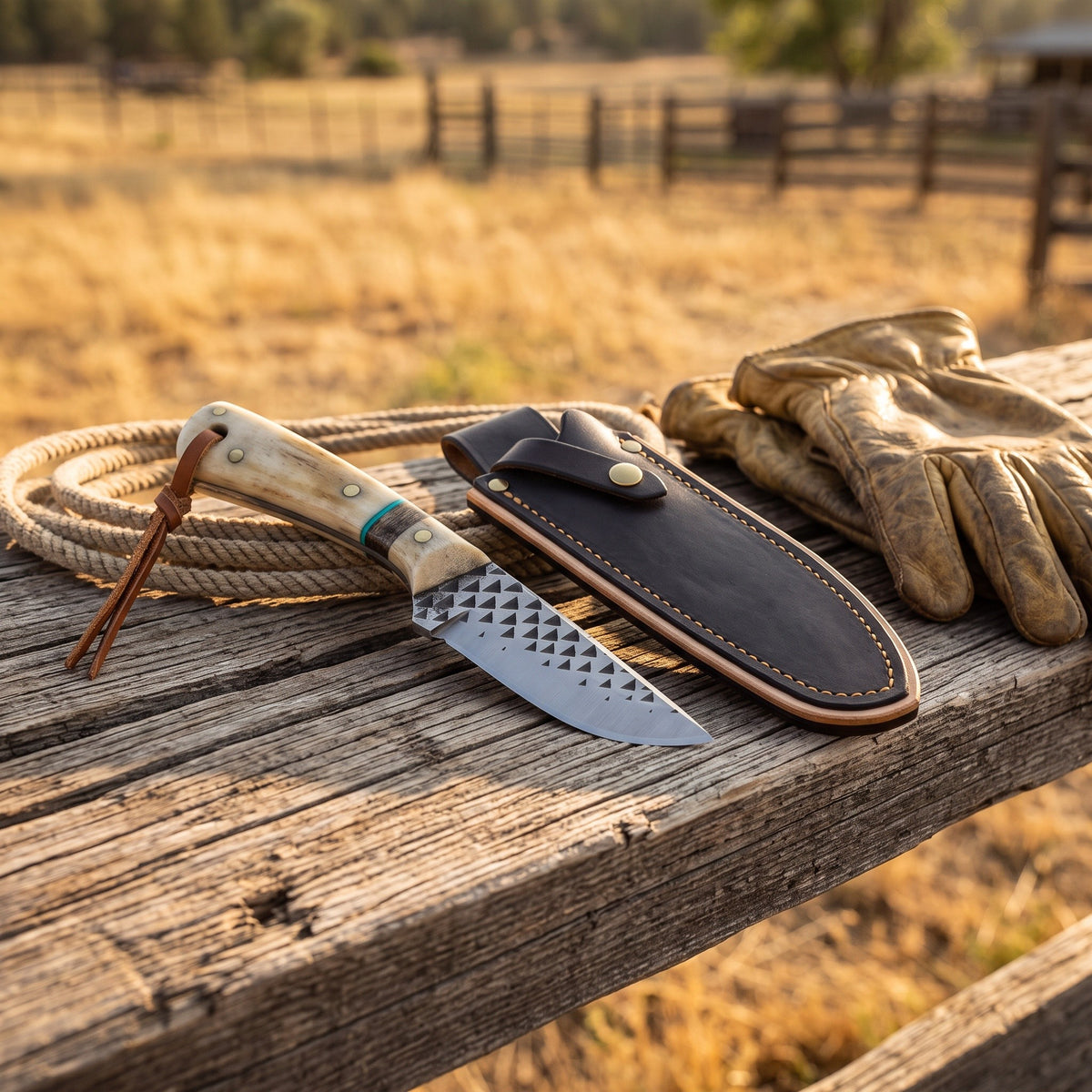 Ranch 6" Rasp Steel Bull Cutter | Bone & Turquoise, with the Crownridge sheath in use