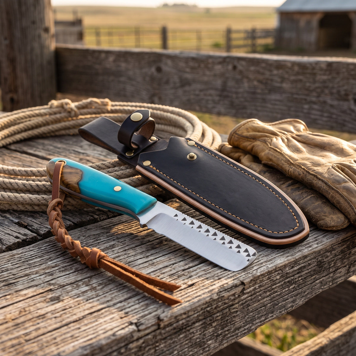 Ranch 7.2" Rasp Steel Bull Cutter | Resin & Turquoise, with the Crownridge sheath in use