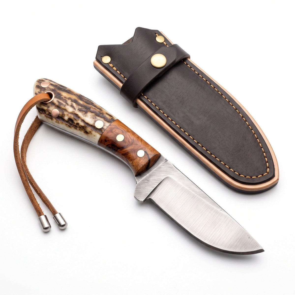 Ranch 7.5" Carbon Steel Cowboy Knife | Stag, three-quarter view with the Crownridge sheath