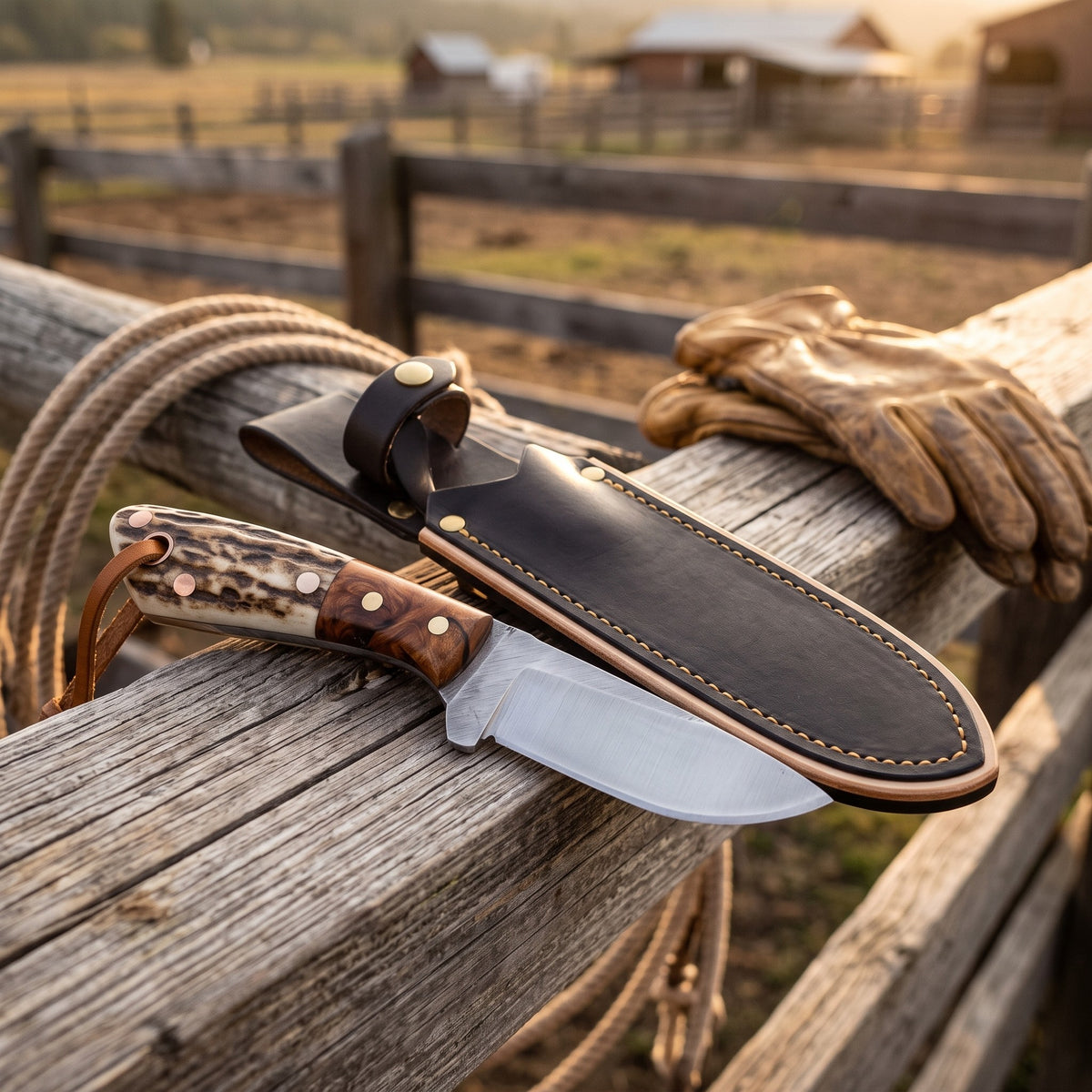 Ranch 7.5" Carbon Steel Cowboy Knife | Stag, with the Crownridge sheath in use