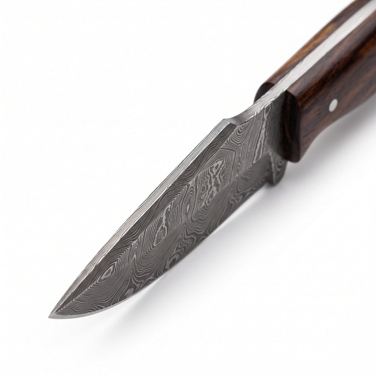 Ranch 8" Damascus Cowboy Knife | Rosewood, Damascus blade close-up