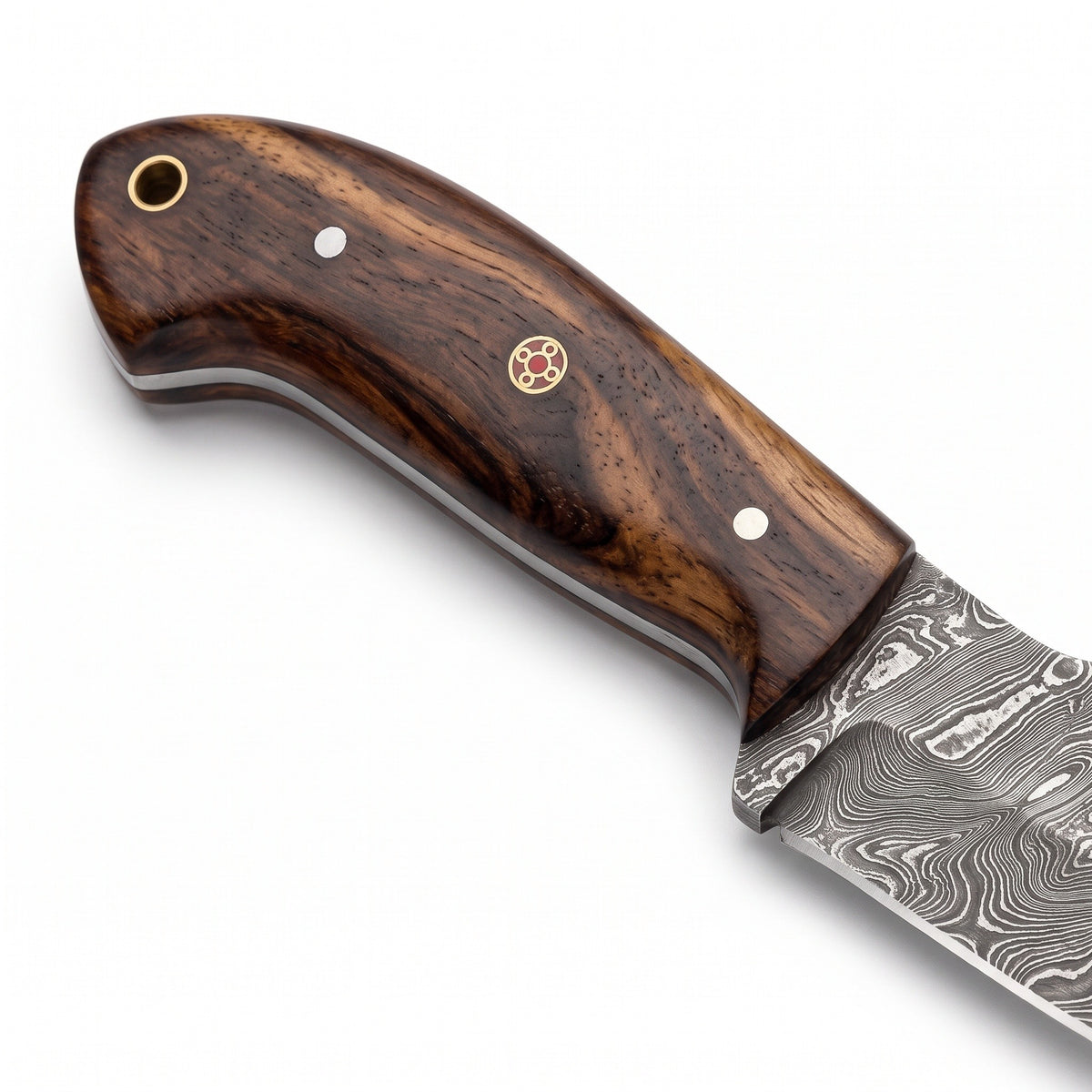 Ranch 8" Damascus Cowboy Knife | Rosewood, handle and fittings close-up
