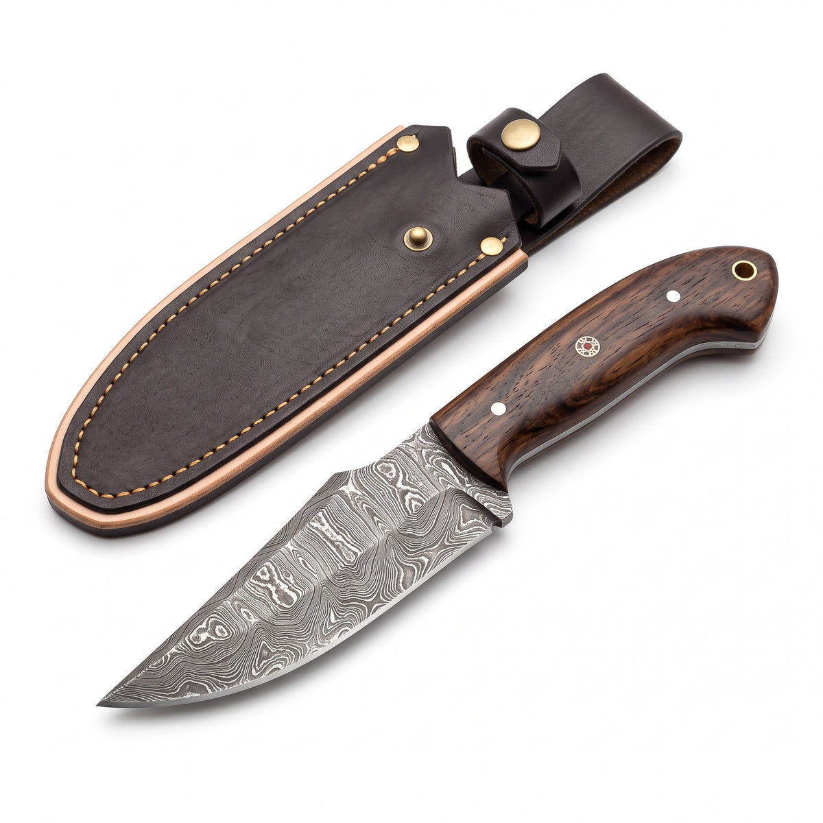 Ranch 8" Damascus Cowboy Knife | Rosewood, three-quarter view with the Crownridge sheath