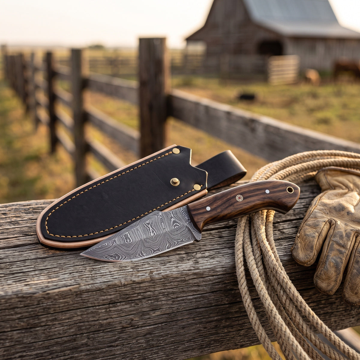 Ranch 8" Damascus Cowboy Knife | Rosewood, with the Crownridge sheath in use