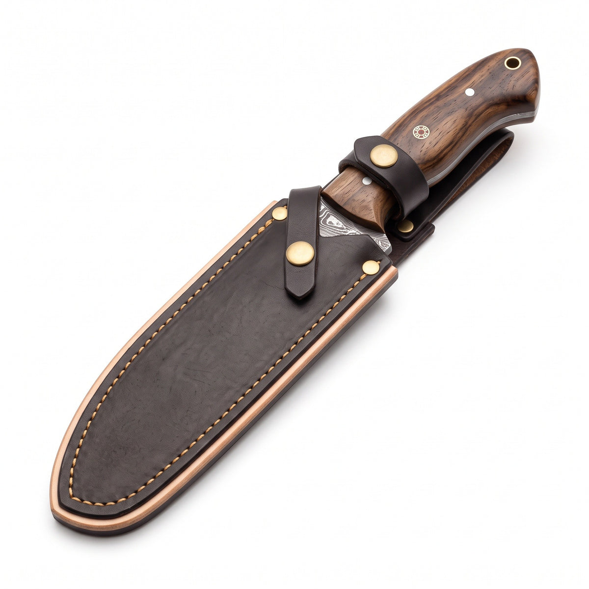 Ranch 8" Damascus Cowboy Knife | Rosewood, seated in the Crownridge sheath