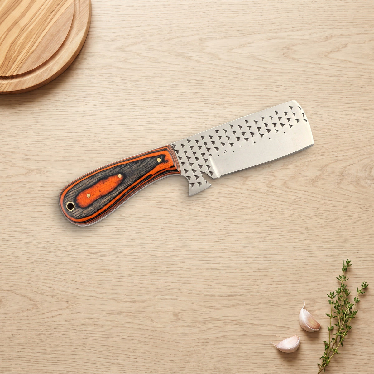 Ranch 7.5" Rasp Steel Cowboy Knife | Dyed Wood, on a wooden counter