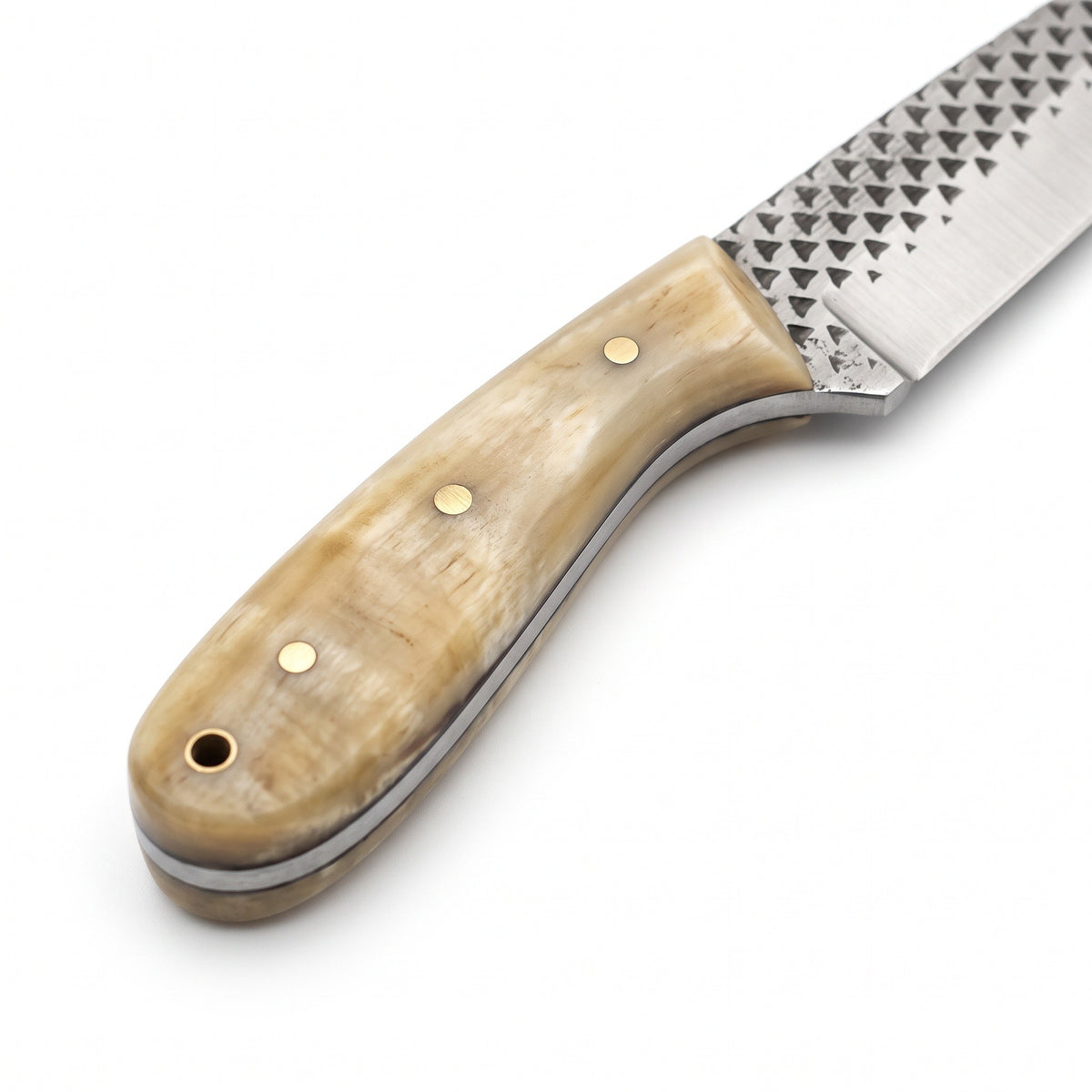 Ranch 7.5" Rasp Steel Cowboy Knife | Sheep Horn, handle and fittings close-up