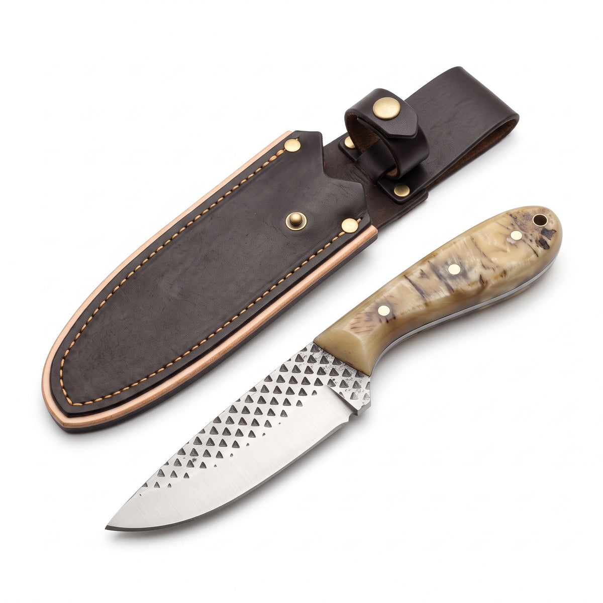 Ranch 7.5" Rasp Steel Cowboy Knife | Sheep Horn, three-quarter view with the Crownridge sheath