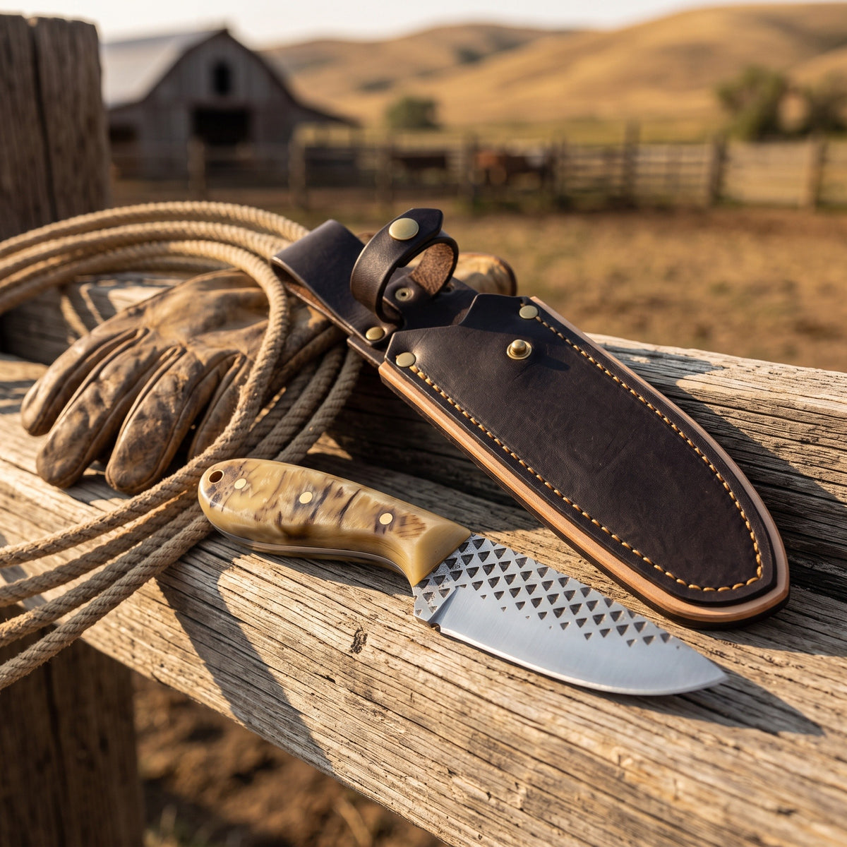 Ranch 7.5" Rasp Steel Cowboy Knife | Sheep Horn, with the Crownridge sheath in use