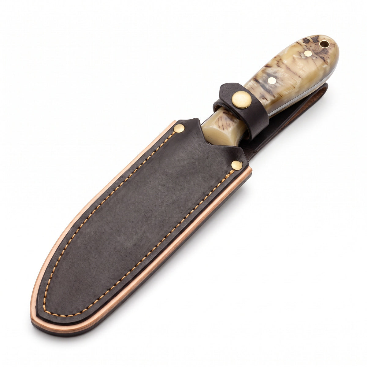 Ranch 7.5" Rasp Steel Cowboy Knife | Sheep Horn, seated in the Crownridge sheath