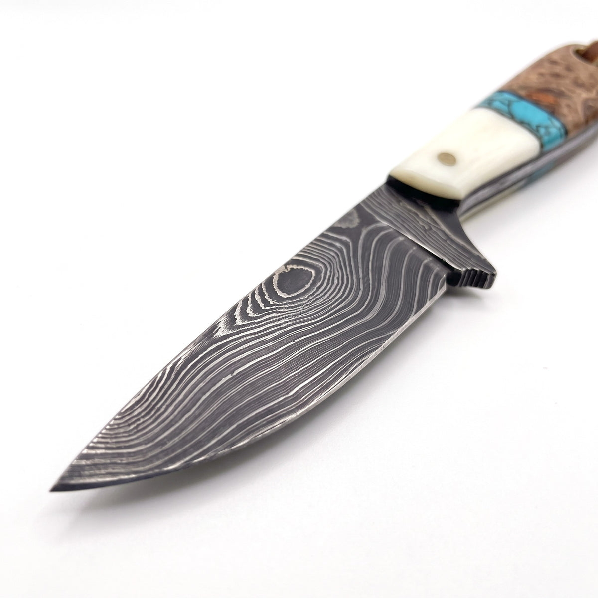 Ranch 7" Damascus Cowboy Knife | Bone & Turquoise, Damascus blade close-up
