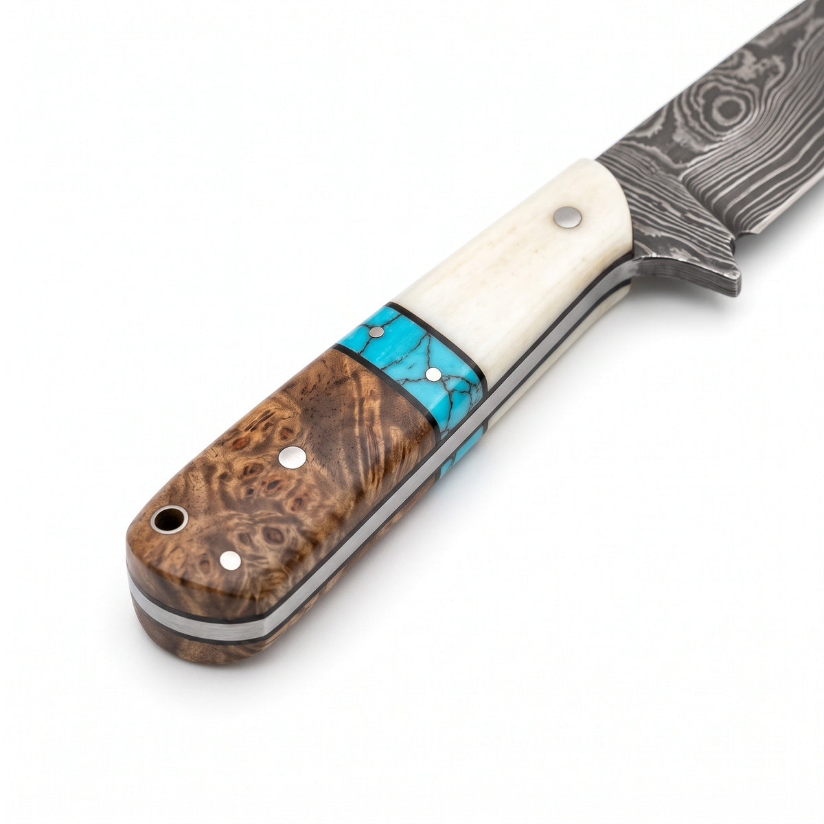 Ranch 7" Damascus Cowboy Knife | Bone & Turquoise, handle and fittings close-up