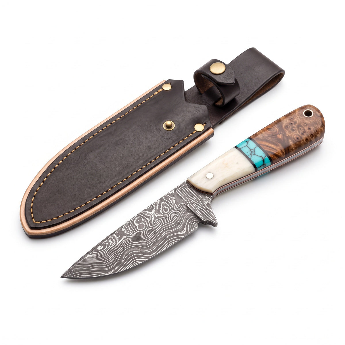 Ranch 7" Damascus Cowboy Knife | Bone & Turquoise, three-quarter view with the Crownridge sheath