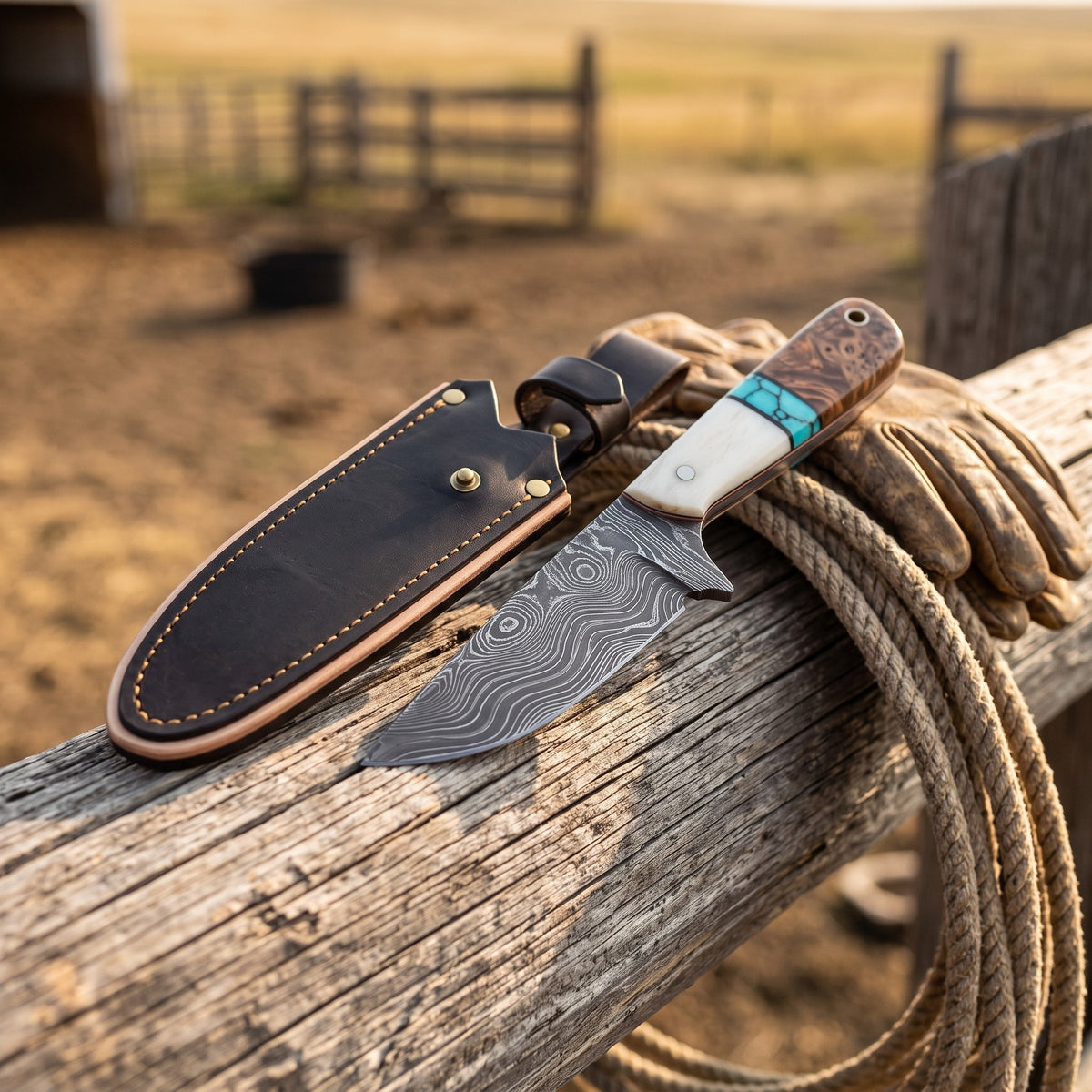 Ranch 7" Damascus Cowboy Knife | Bone & Turquoise, with the Crownridge sheath in use