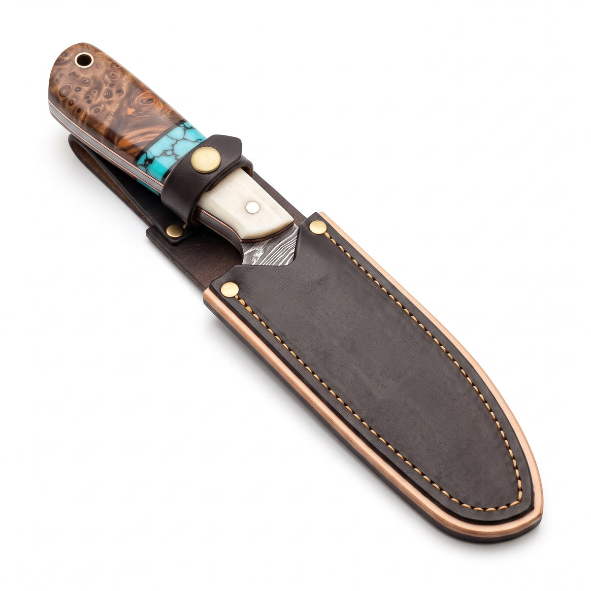 Ranch 7" Damascus Cowboy Knife | Bone & Turquoise, seated in the Crownridge sheath