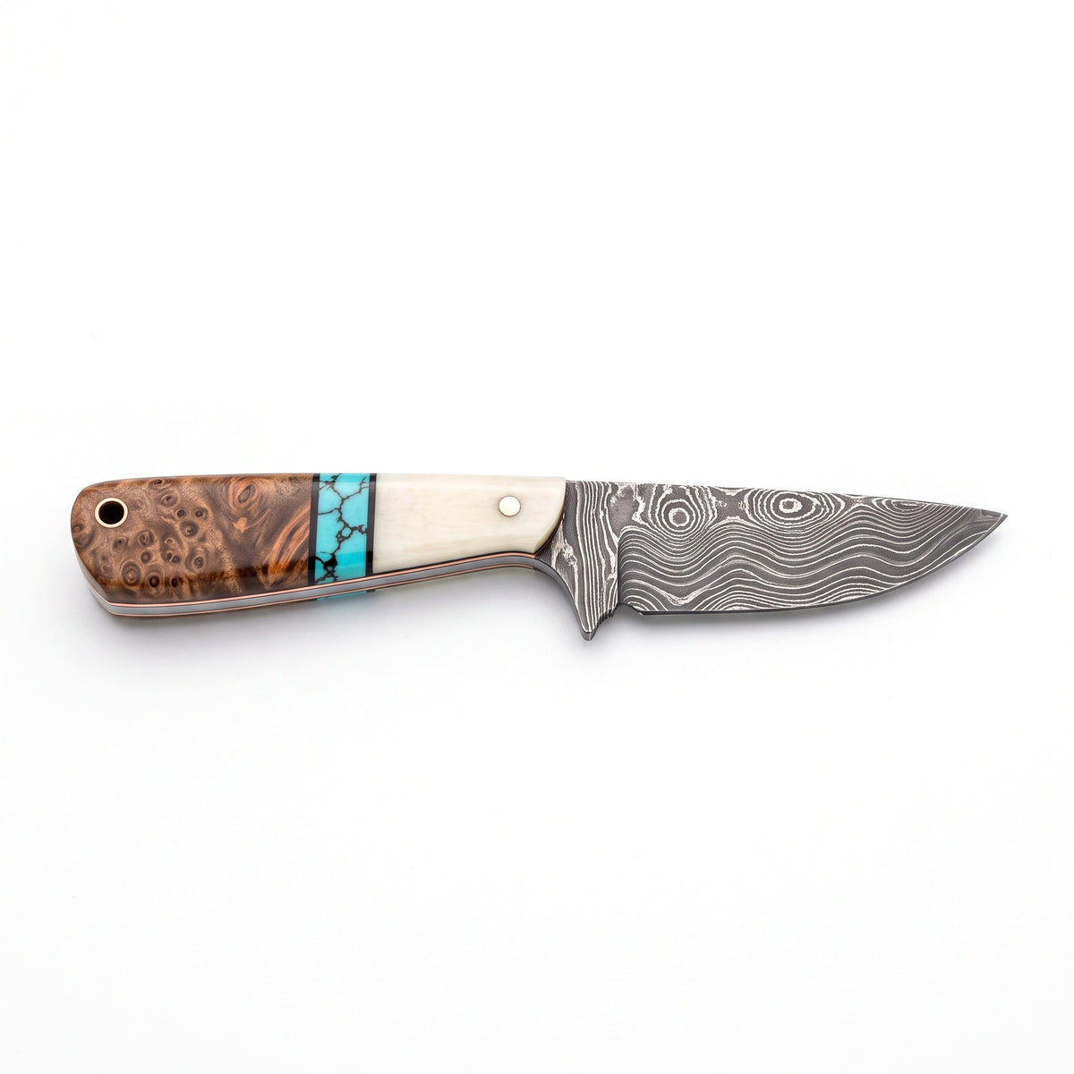 Ranch 7" Damascus Cowboy Knife | Bone & Turquoise, side profile on white