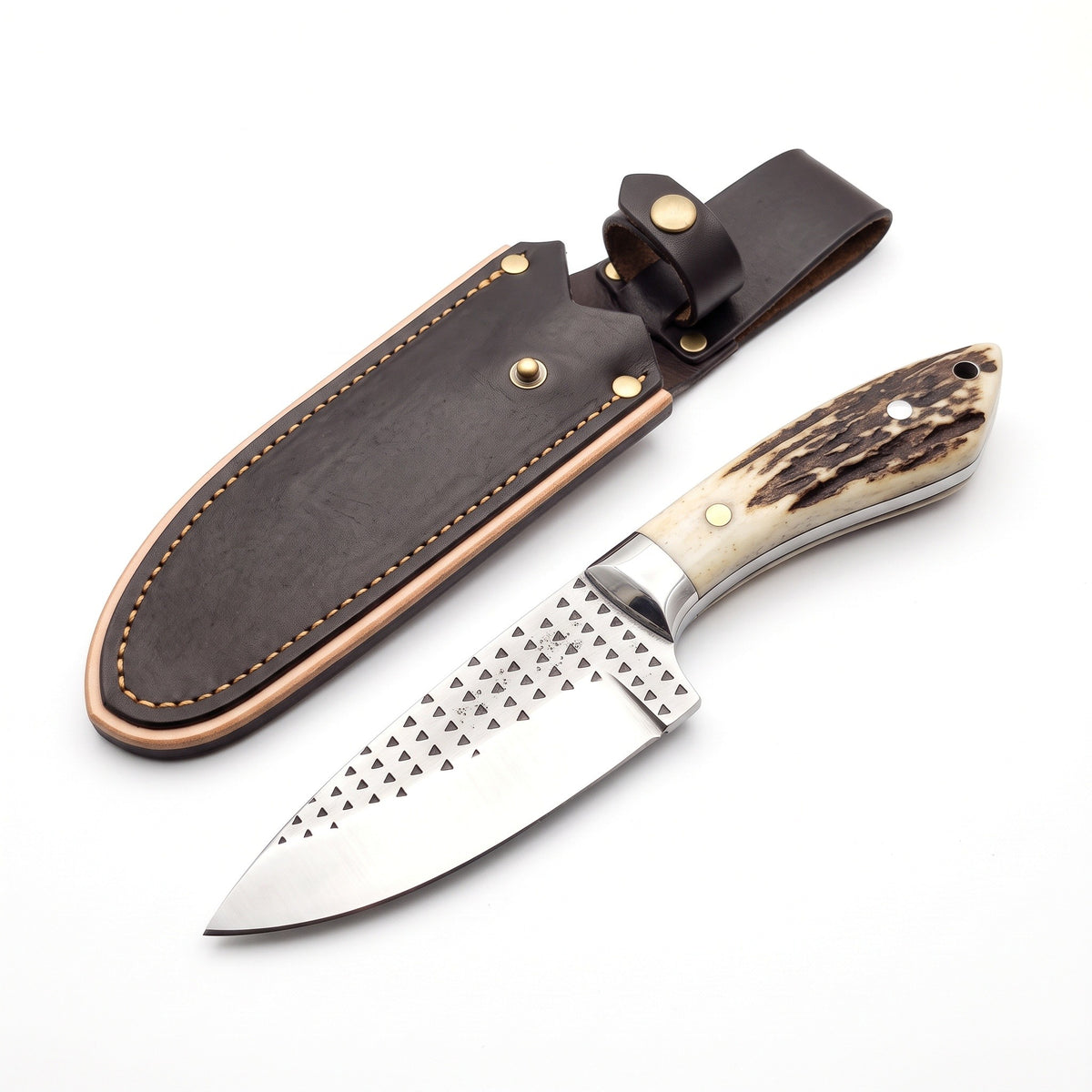 Ranch 7" Rasp Steel Cowboy Knife | Stag, three-quarter view with the Crownridge sheath