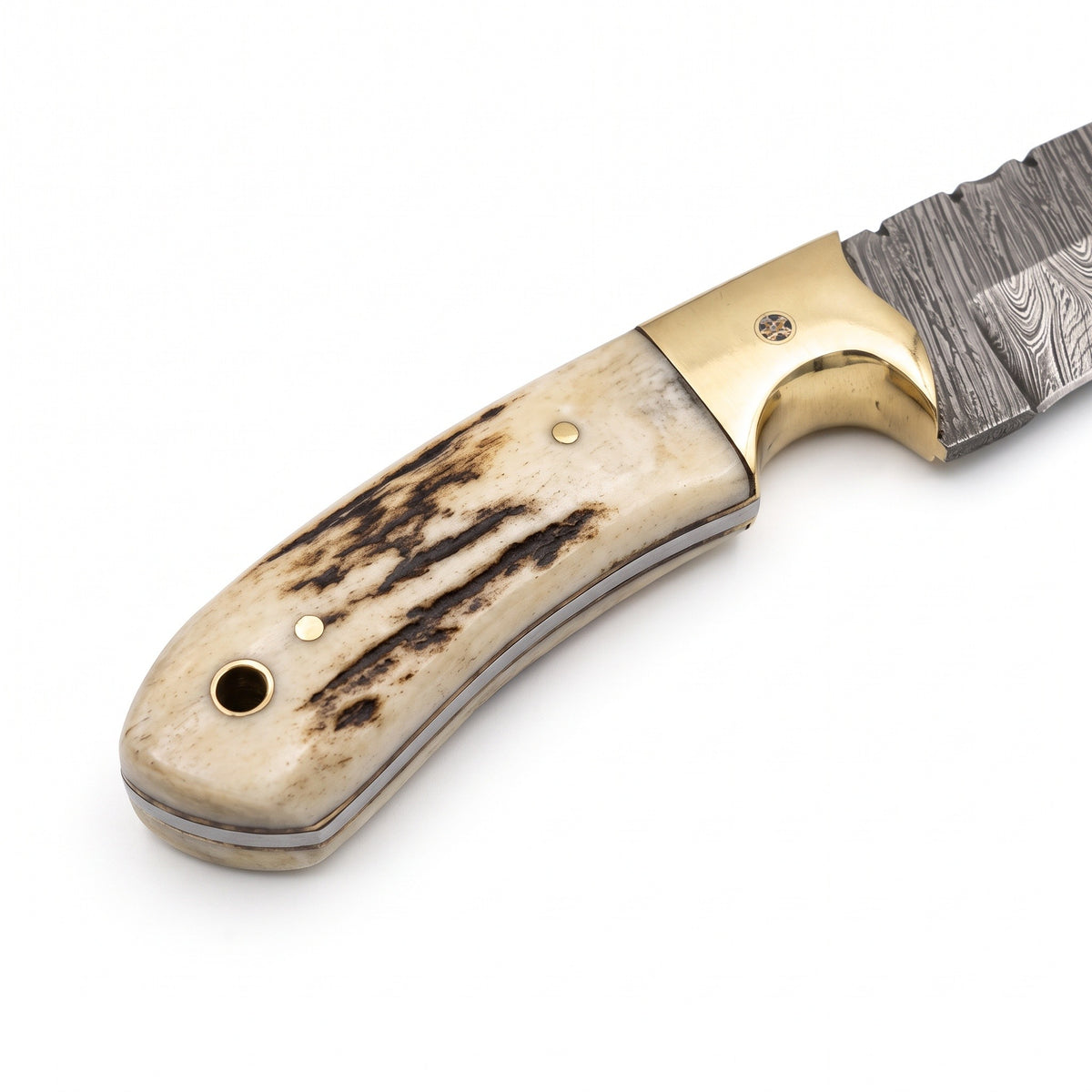 Ranch 8.5" Damascus Cowboy Knife | Stag, handle and fittings close-up