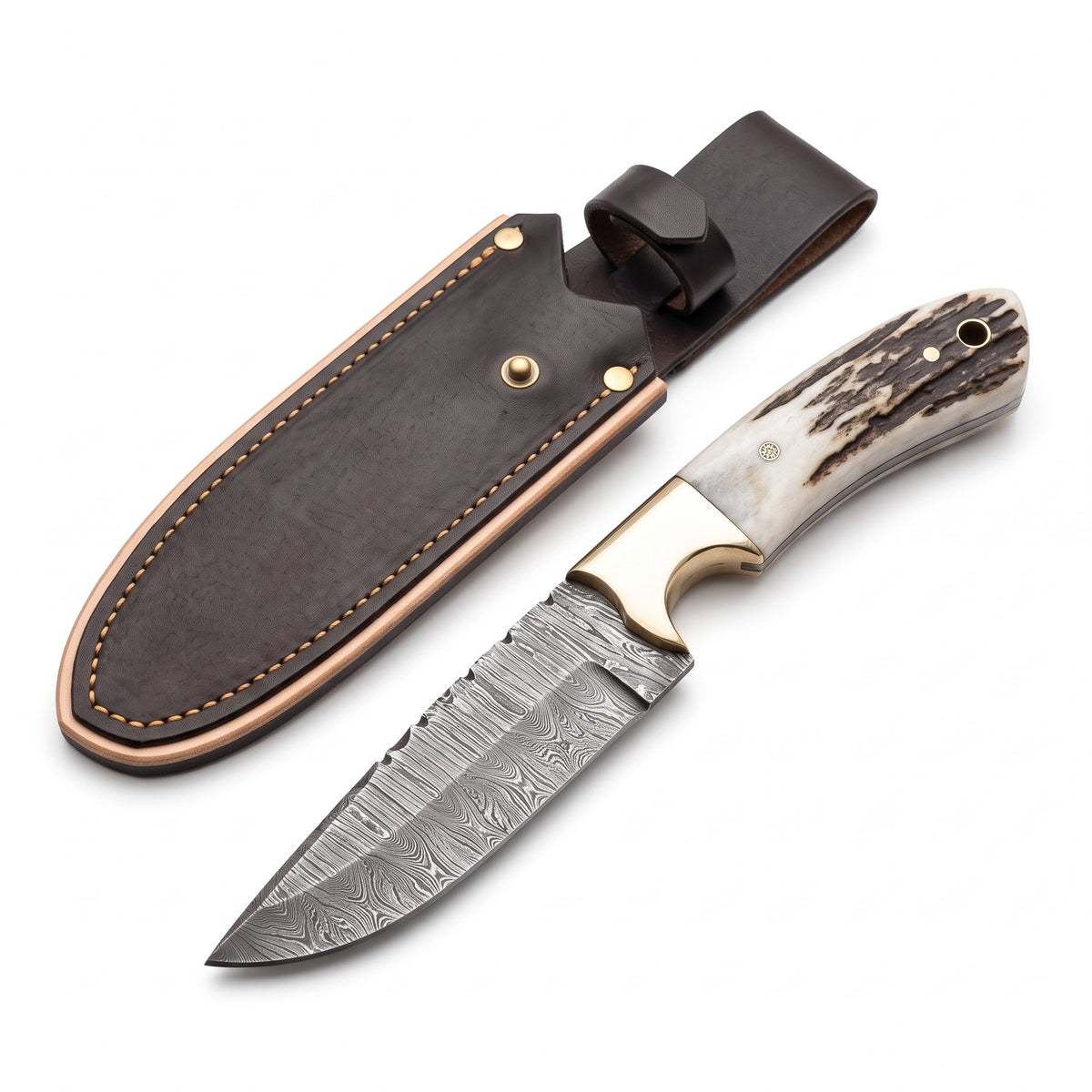 Ranch 8.5" Damascus Cowboy Knife | Stag, three-quarter view with the Crownridge sheath