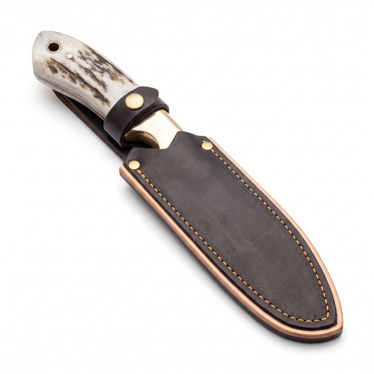 Ranch 8.5" Damascus Cowboy Knife | Stag, seated in the Crownridge sheath